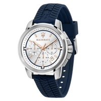 Maserati Herrenuhr Successo R8871621013 in Dunkelblau mit silbernem Edelstahlgehäuse und Silikonarmband.