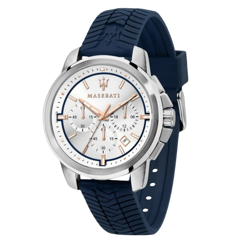 Maserati Herrenuhr Successo R8871621013 in Dunkelblau mit silbernem Edelstahlgehäuse und Silikonarmband.
