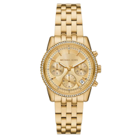 Michael Kors Bryant Damen Uhr in Gold, luxuriöse Edelstahl-Quarzuhr mit Kristallrand, goldfarbenem Zifferblatt und Gliederarmband, Modell MK7530