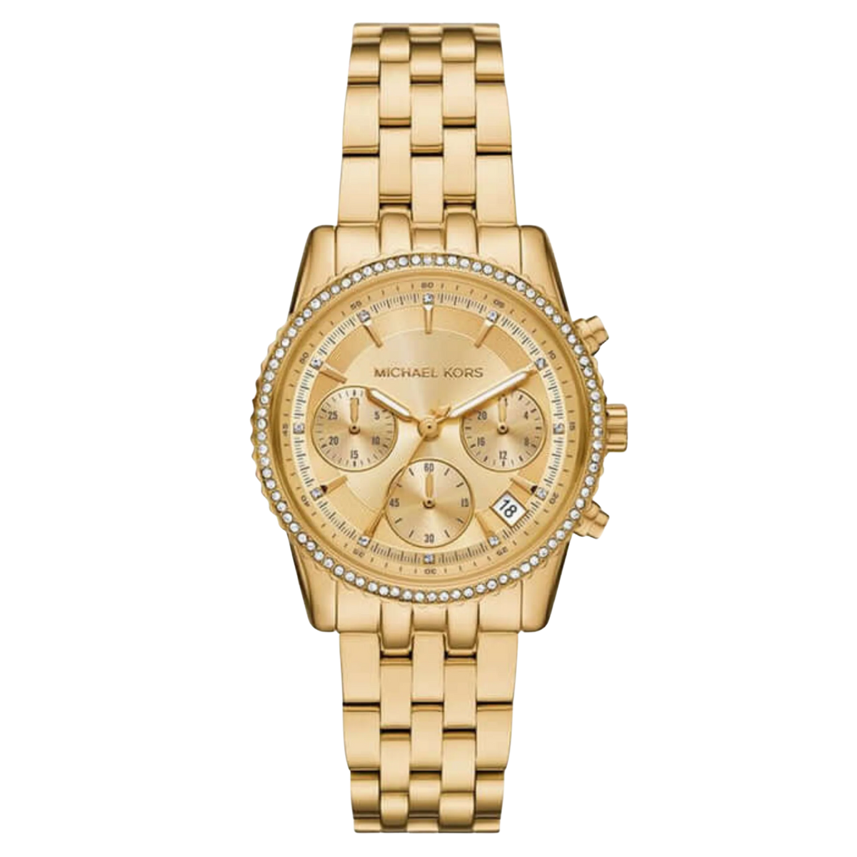 Michael Kors Bryant Damen Uhr in Gold, luxuriöse Edelstahl-Quarzuhr mit Kristallrand, goldfarbenem Zifferblatt und Gliederarmband, Modell MK7530