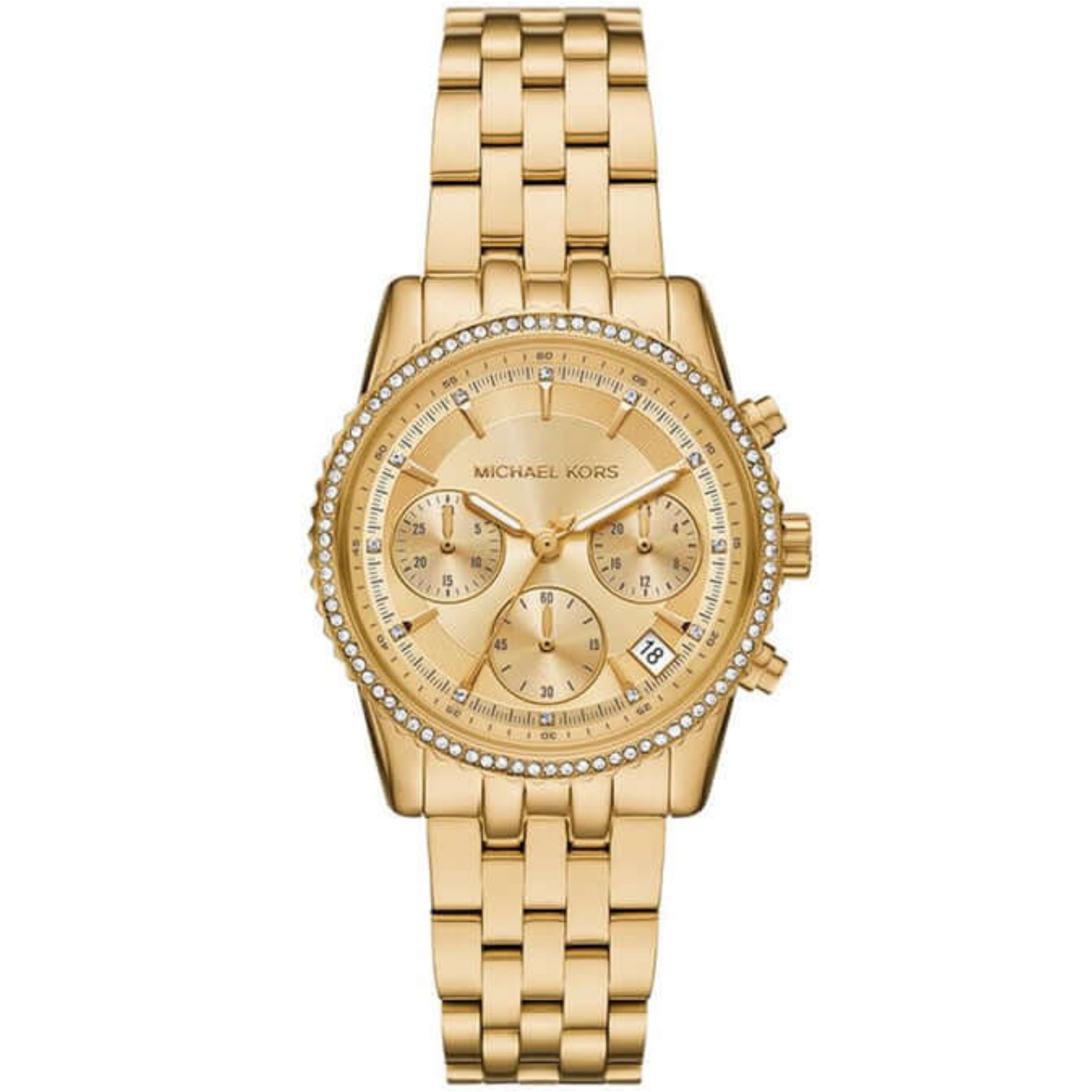 Michael Kors Bryant Damen Uhr in Gold, luxuriöse Edelstahl-Quarzuhr mit Kristallrand, goldfarbenem Zifferblatt und Gliederarmband, Modell MK7530