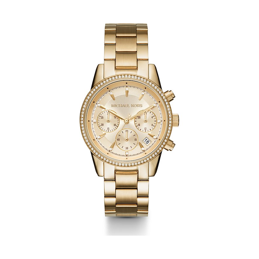 Michael Kors Chronograph Bryant MK6356 goldene Damenuhr mit Edelstahlarmband und funkelndem Zifferblatt