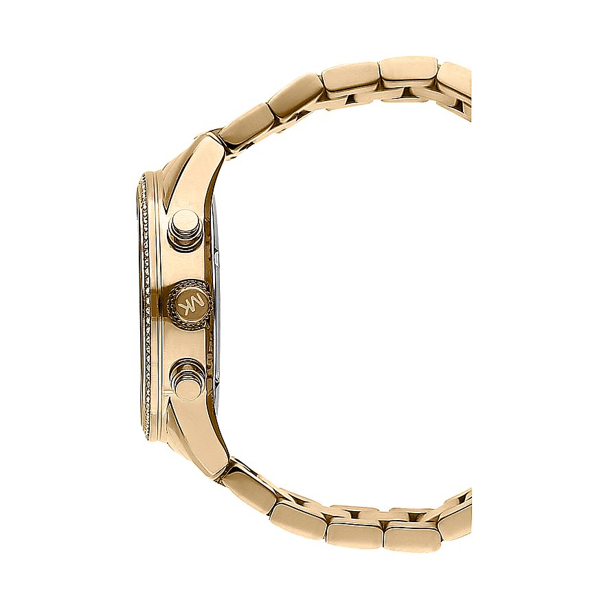 Seitenansicht der Michael Kors Chronograph Bryant MK6356 goldene Damenuhr mit Edelstahlgehäuse und graviertem MK-Knopf