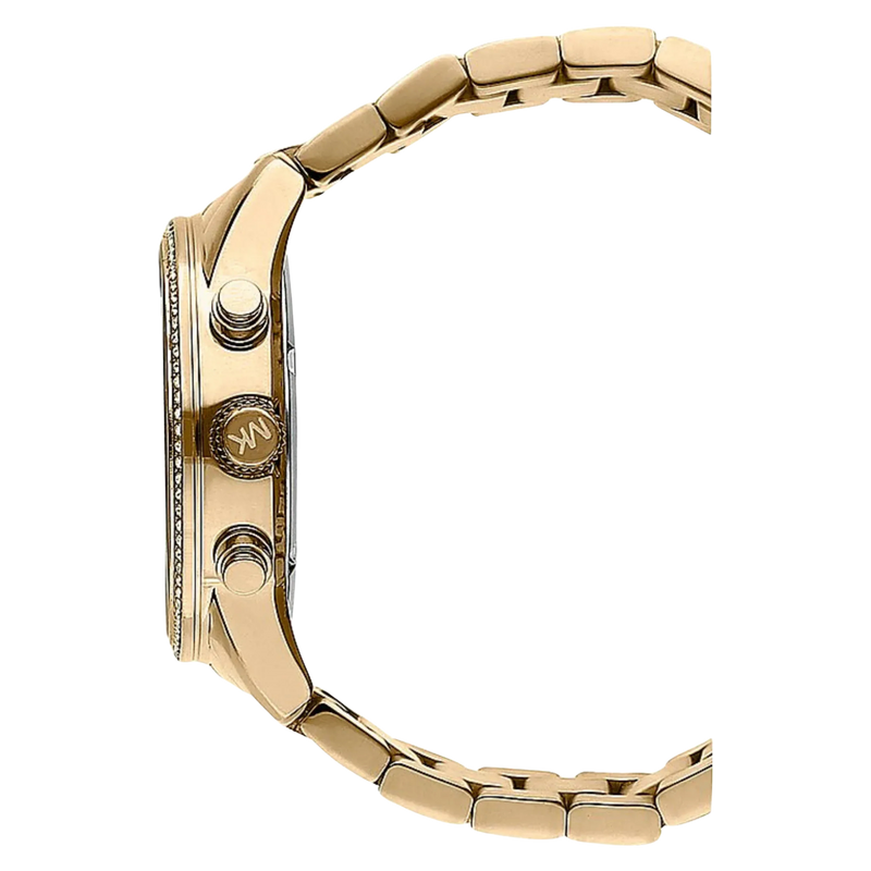 Seitenansicht der Michael Kors Chronograph Bryant MK6356 goldene Damenuhr mit Edelstahlgehäuse und graviertem MK-Knopf