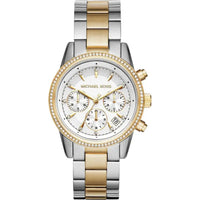 Michael Kors Chronograph Bryant MK6474 Damenarmbanduhr in Bicolor mit weißem Zifferblatt und Edelstahlarmband
