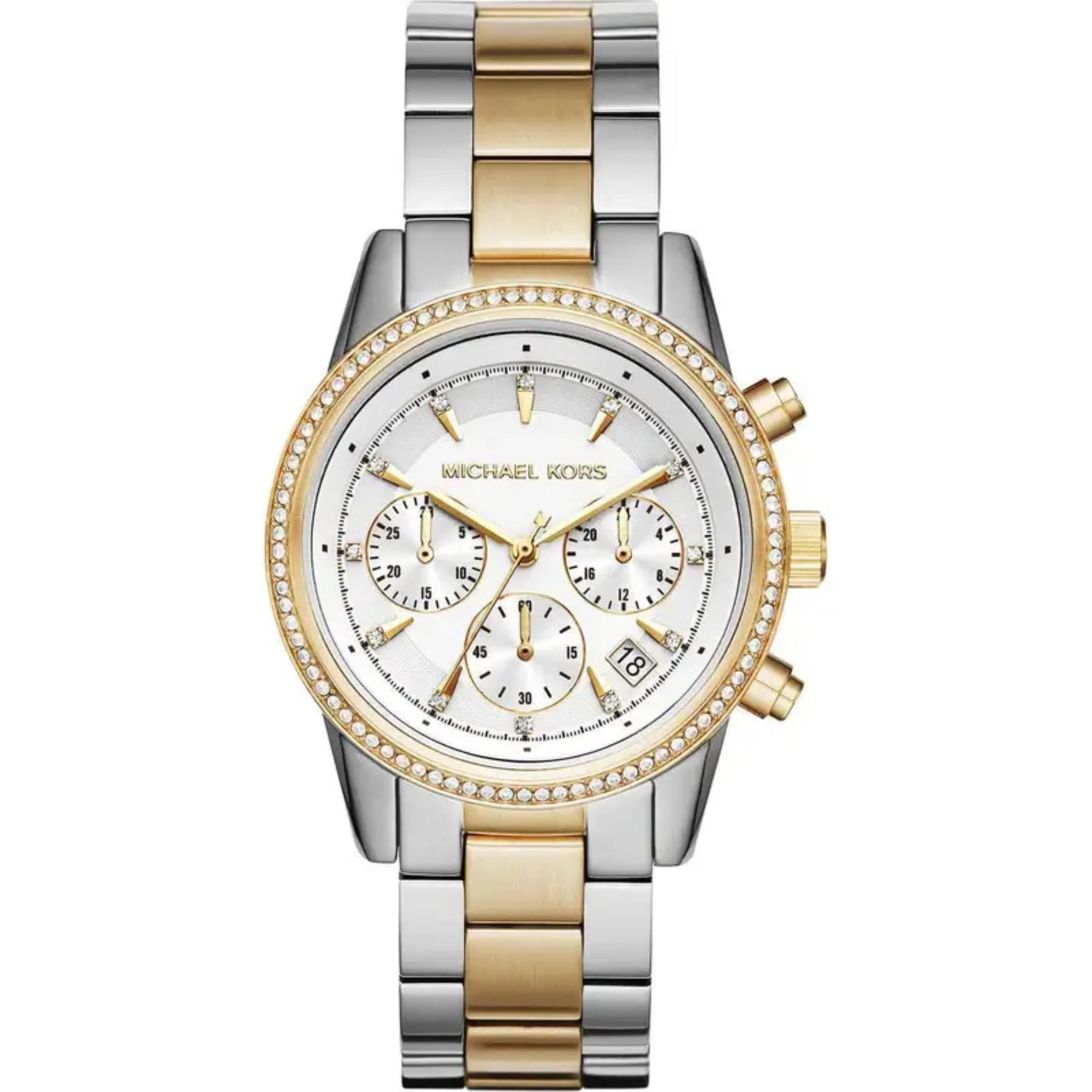 Michael Kors Chronograph Bryant MK6474 Damenarmbanduhr in Bicolor mit weißem Zifferblatt und Edelstahlarmband