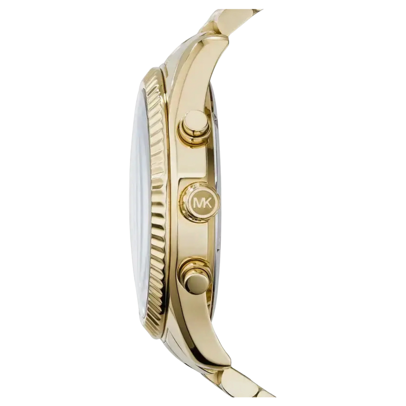Seitenansicht der Michael Kors Chronograph Lexington MK8286 goldene Herrenuhr mit Edelstahlgehäuse und graviertem MK-Knopf