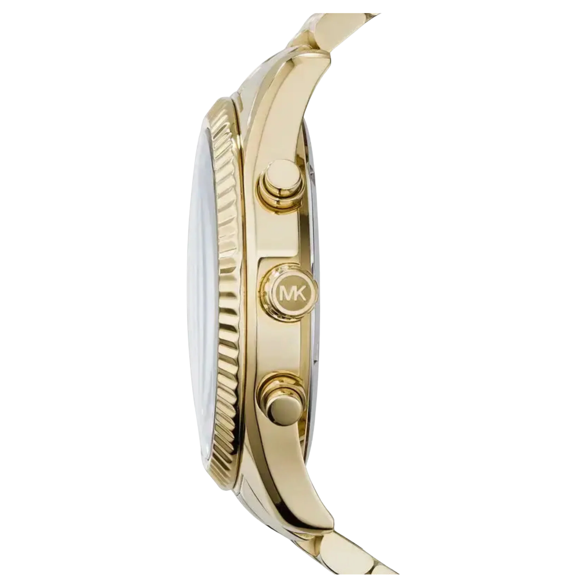 Seitenansicht der Michael Kors Chronograph Lexington MK8286 goldene Herrenuhr mit Edelstahlgehäuse und graviertem MK-Knopf