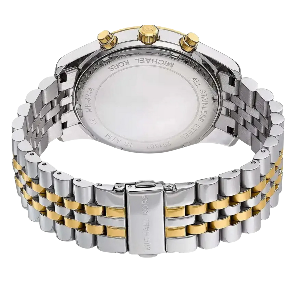 Rückseite der Michael Kors Chronograph Lexington MK8344 Herren Uhr – Edelstahlarmband in Gold Silber mit Gravur und Faltschließe