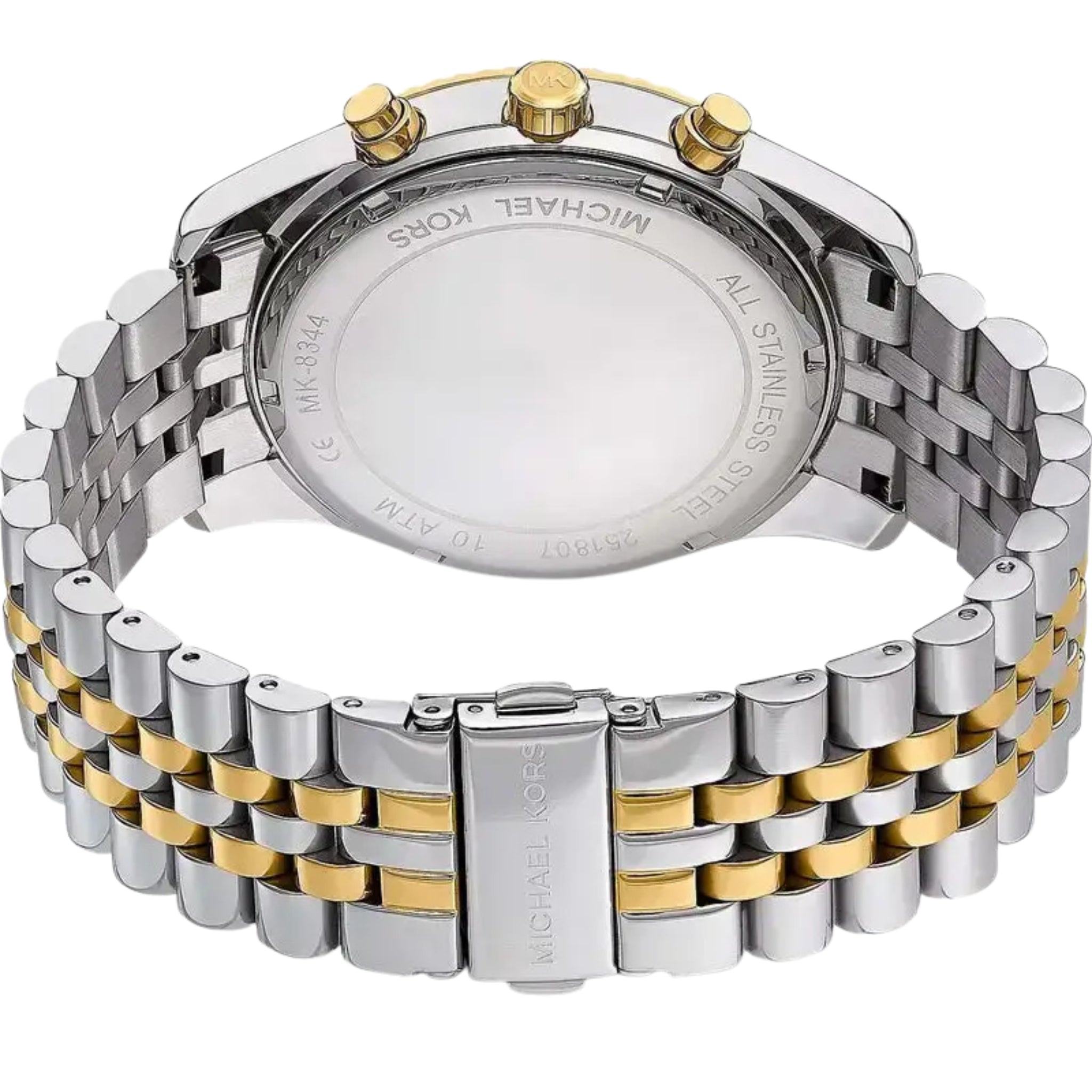 Rückseite der Michael Kors Chronograph Lexington MK8344 Herren Uhr – Edelstahlarmband in Gold Silber mit Gravur und Faltschließe
