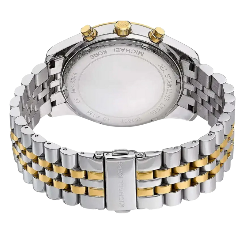 Rückseite der Michael Kors Chronograph Lexington MK8344 Herren Uhr – Edelstahlarmband in Gold Silber mit Gravur und Faltschließe
