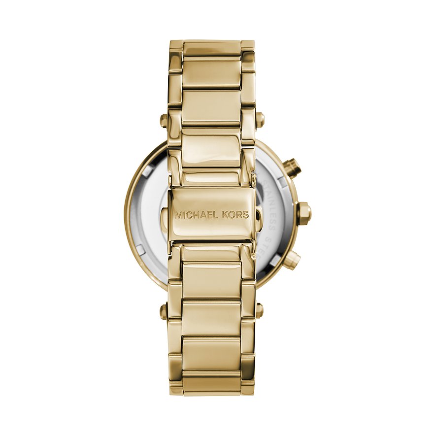 Rückansicht der Michael Kors Parker MK5354 goldene Damenuhr mit Edelstahlarmband und eingraviertem Logo