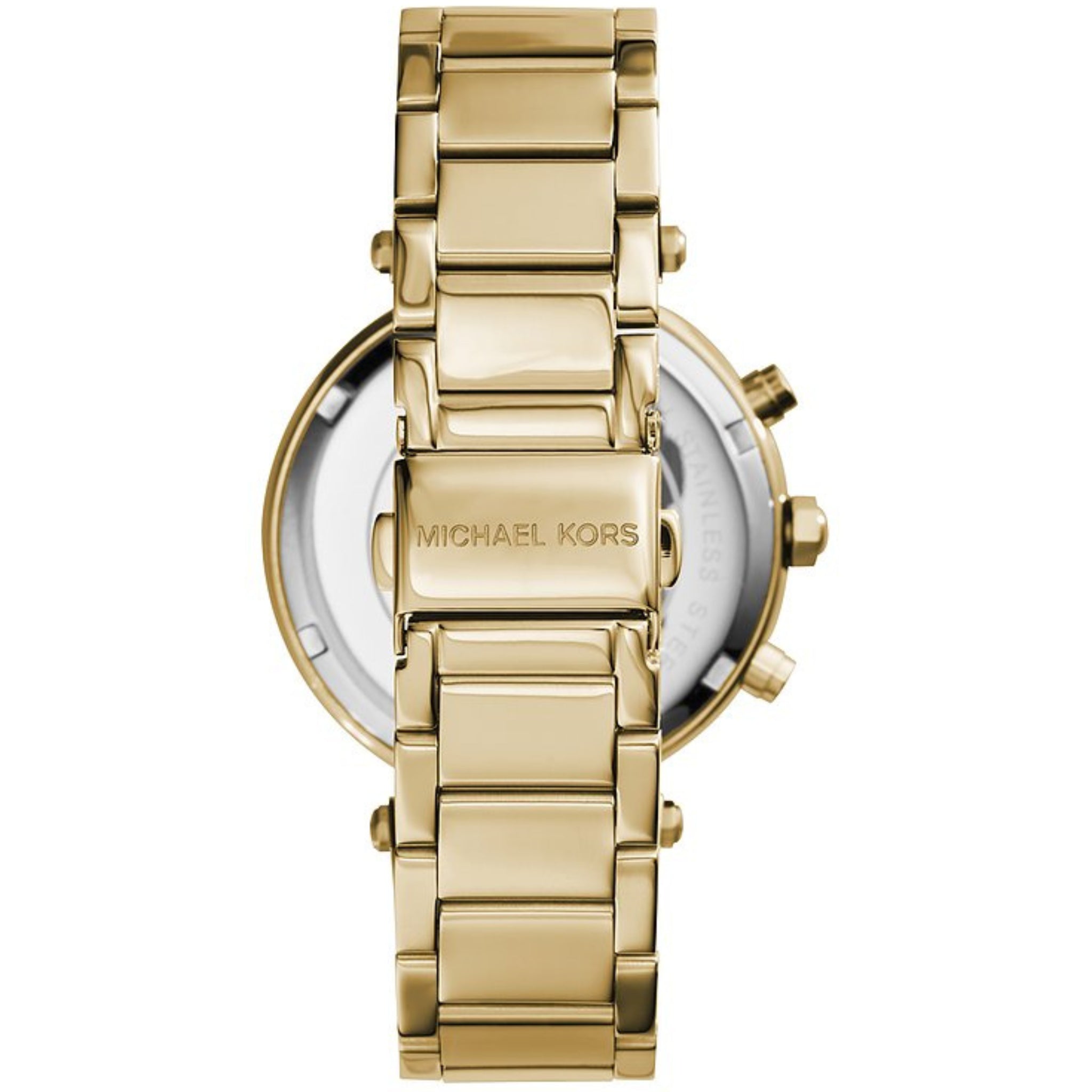 Rückansicht der Michael Kors Parker MK5354 goldene Damenuhr mit Edelstahlarmband und eingraviertem Logo