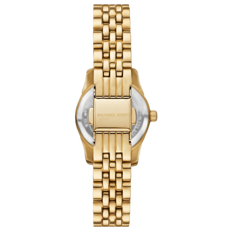 Rückansicht der goldenen Michael Kors Damenuhr Lexington MK4842 mit Edelstahlarmband