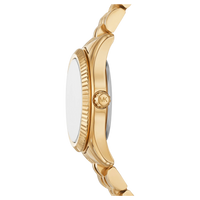 Seitenansicht der goldenen Michael Kors Damenuhr Lexington MK4842 mit geriffeltem Gehäuserand