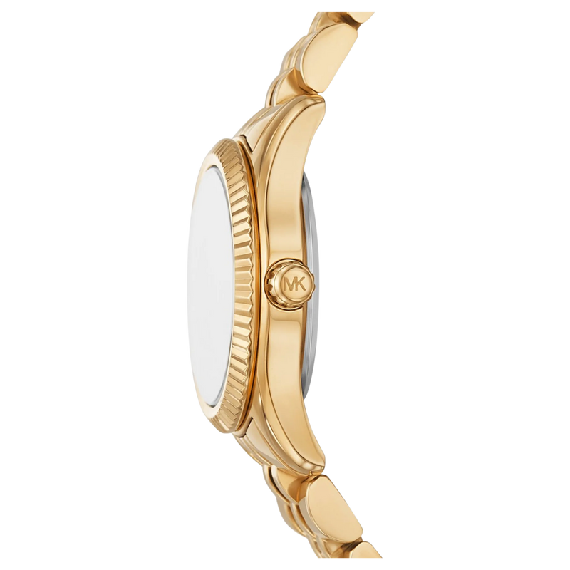 Seitenansicht der goldenen Michael Kors Damenuhr Lexington MK4842 mit geriffeltem Gehäuserand