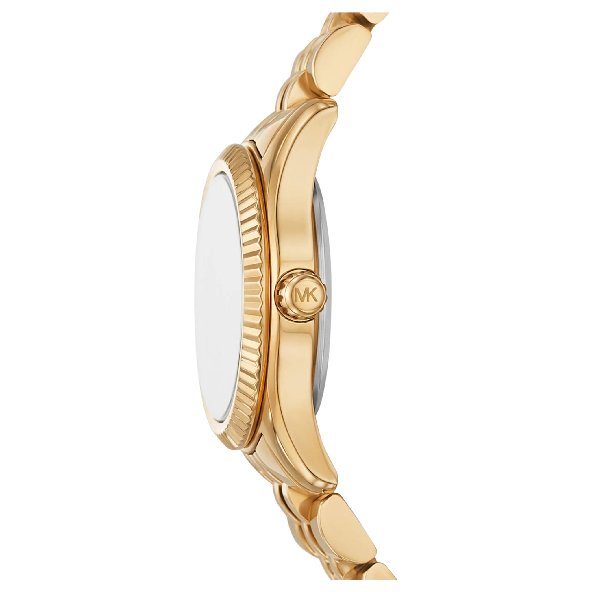 Seitenansicht der goldenen Michael Kors Damenuhr Lexington MK4842 mit geriffeltem Gehäuserand