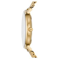 Michael Kors Damenuhr Pyper MK4339 – seitliche Ansicht der goldenen Edelstahl Uhr mit flachem Gehäuse und MK-Logo