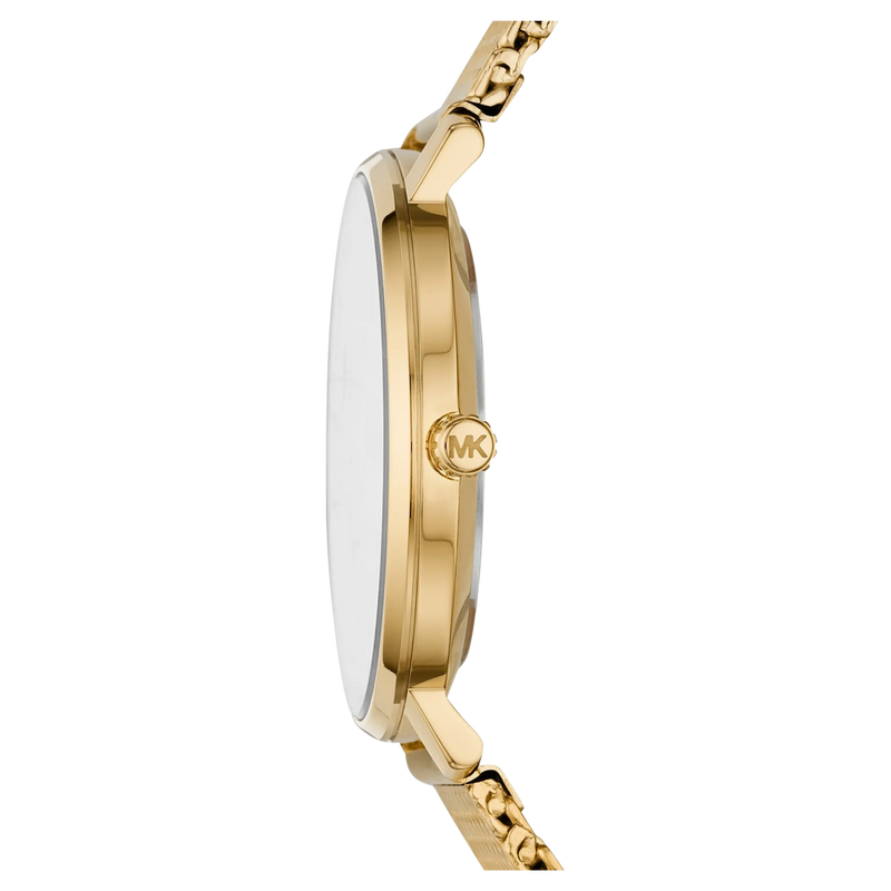 Michael Kors Damenuhr Pyper MK4339 – seitliche Ansicht der goldenen Edelstahl Uhr mit flachem Gehäuse und MK-Logo