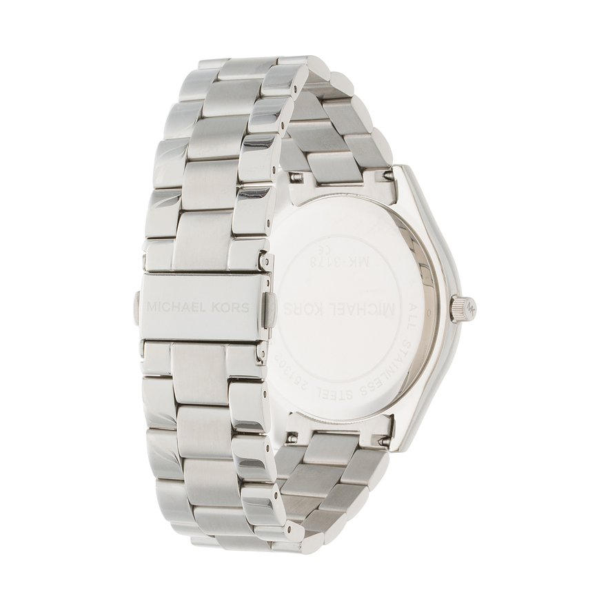 Michael Kors Damenuhr Runway Slim MK3178 Rückansicht mit silbernem Edelstahlarmband und Logo-Schließe
