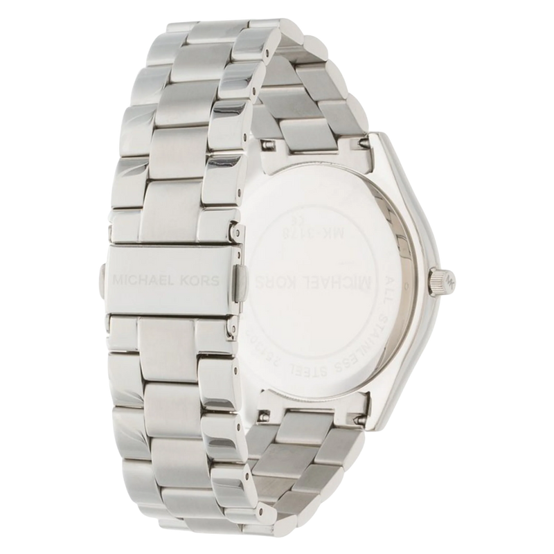 Michael Kors Damenuhr Runway Slim MK3178 Rückansicht mit silbernem Edelstahlarmband und Logo-Schließe