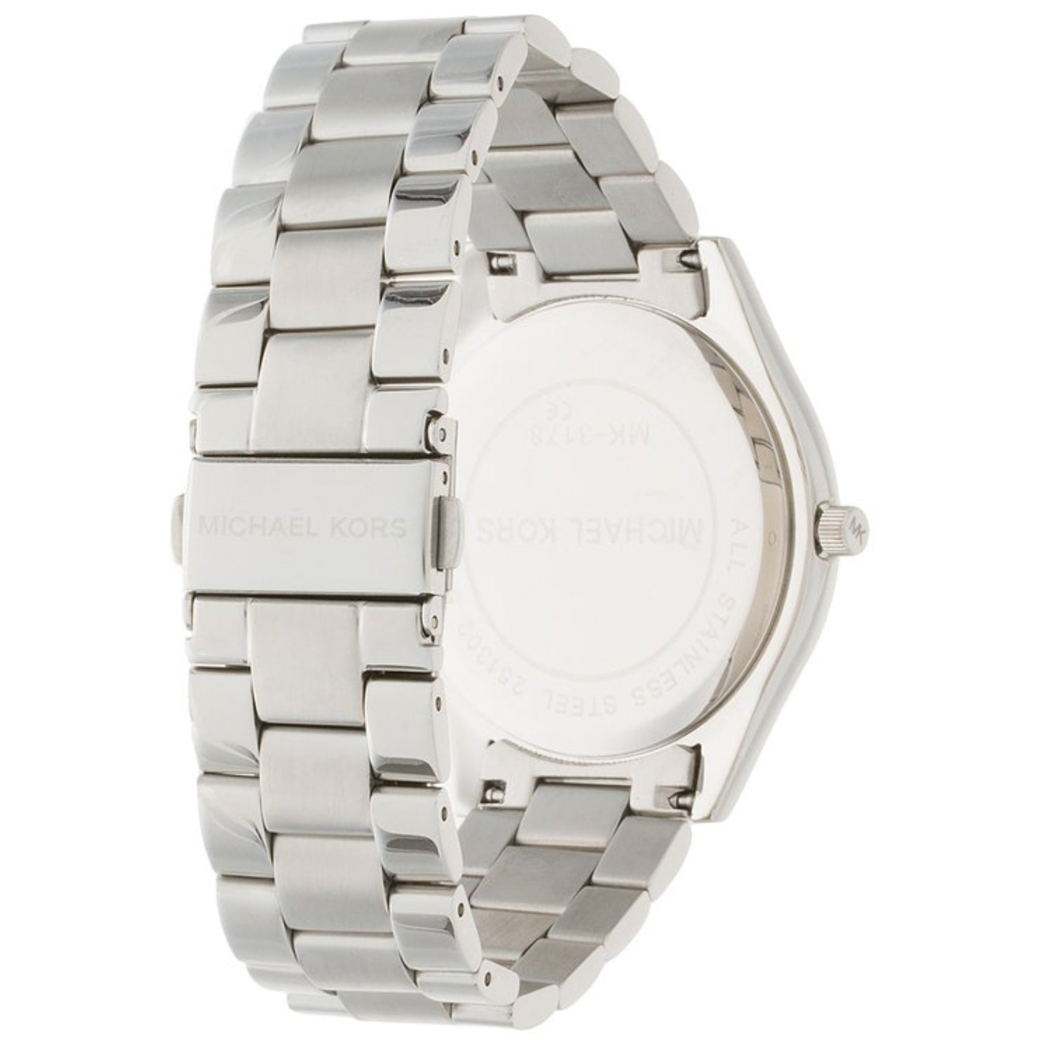 Michael Kors Damenuhr Runway Slim MK3178 Rückansicht mit silbernem Edelstahlarmband und Logo-Schließe
