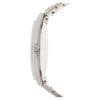 Michael Kors Damenuhr Runway Slim MK3178 Seitenansicht mit flachem silbernem Gehäuse und Edelstahlarmband