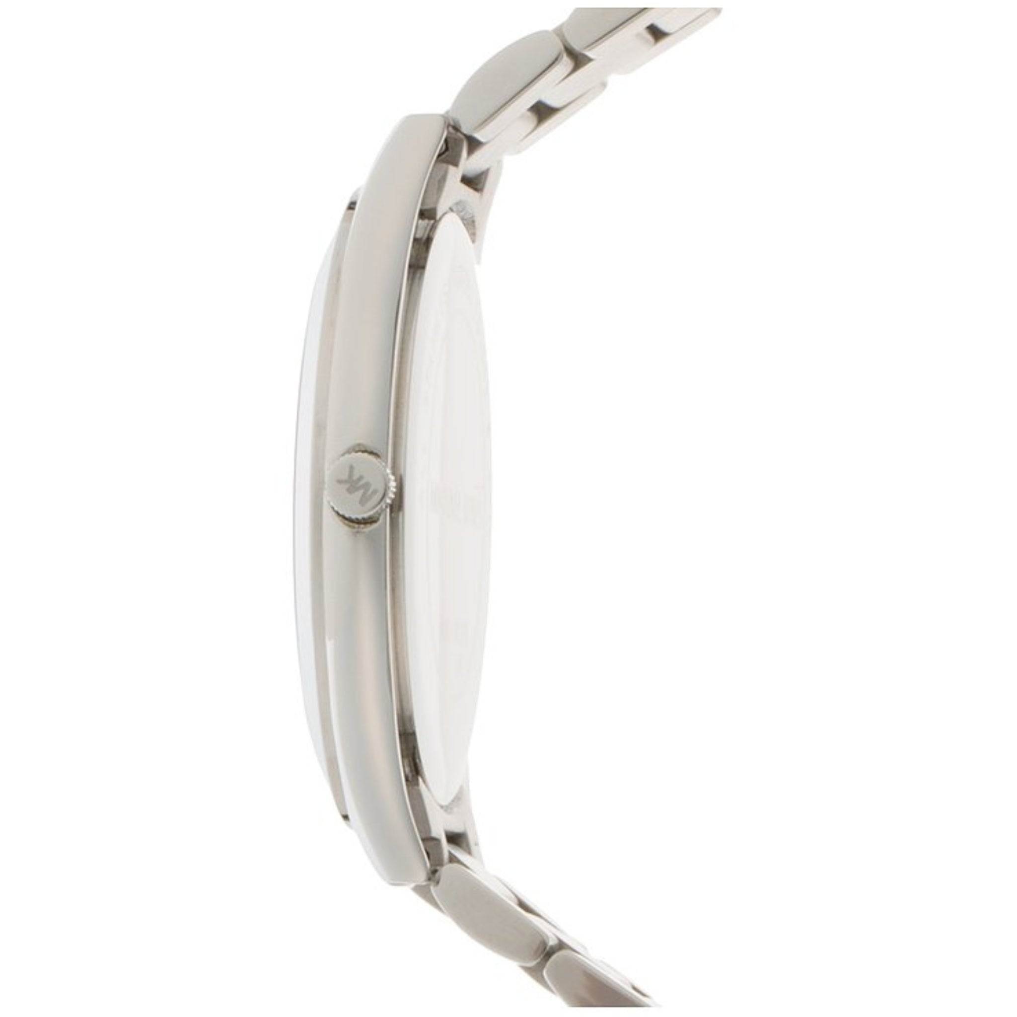 Michael Kors Damenuhr Runway Slim MK3178 Seitenansicht mit flachem silbernem Gehäuse und Edelstahlarmband
