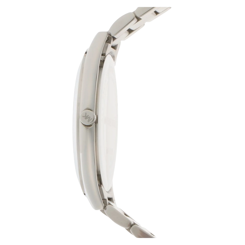 Michael Kors Damenuhr Runway Slim MK3178 Seitenansicht mit flachem silbernem Gehäuse und Edelstahlarmband