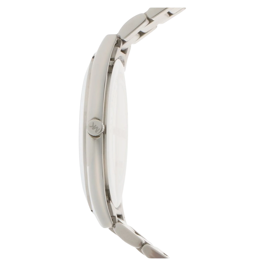 Michael Kors Damenuhr Runway Slim MK3178 Seitenansicht mit flachem silbernem Gehäuse und Edelstahlarmband