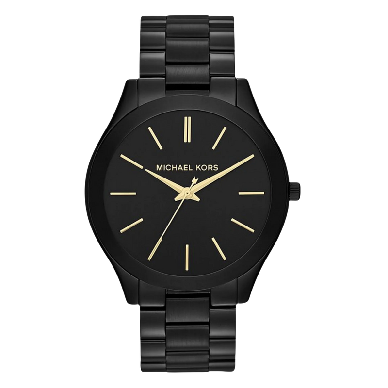 Michael Kors Damenuhr Runway Slim MK3221 – Schwarze Edelstahl Uhr mit goldenen Details