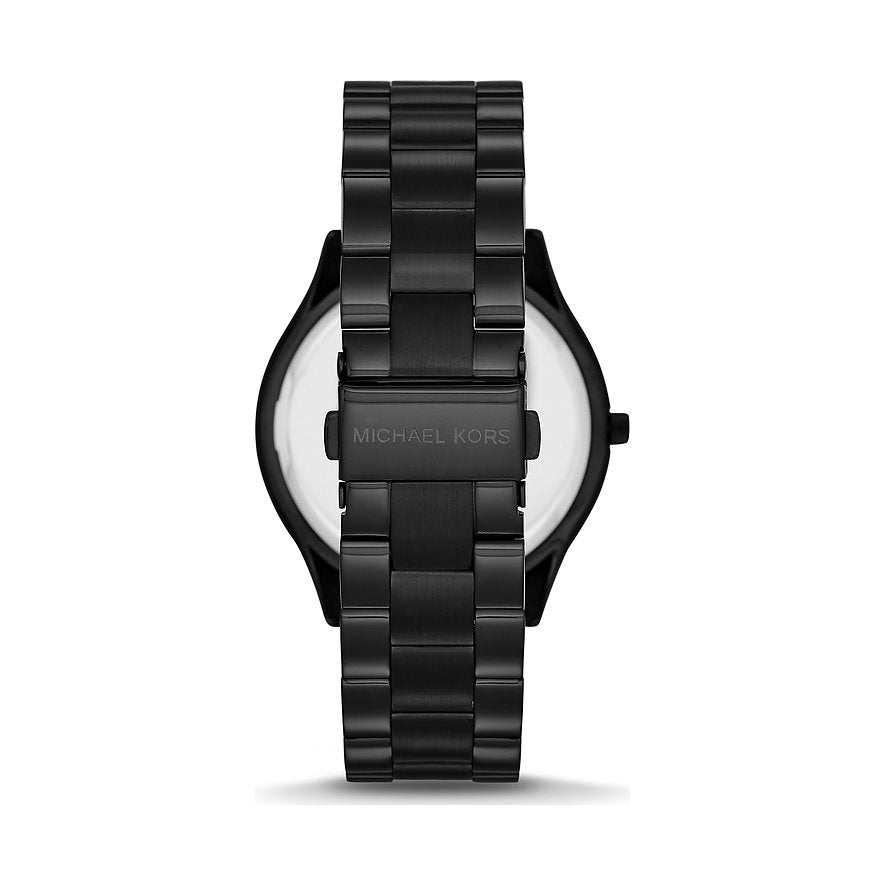 Michael Kors Damenuhr Runway Slim MK3221 – Rückseite der schwarzen Edelstahl Uhr mit Faltschließe
