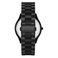 Michael Kors Damenuhr Runway Slim MK3221 – Rückseite der schwarzen Edelstahl Uhr mit Faltschließe