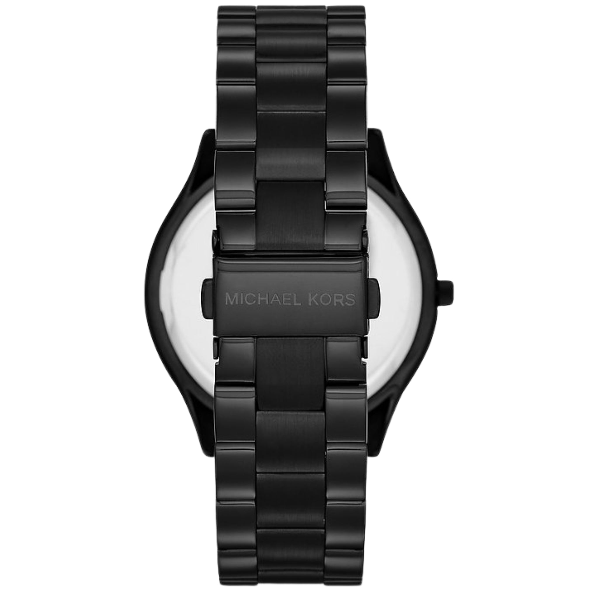 Michael Kors Damenuhr Runway Slim MK3221 – Rückseite der schwarzen Edelstahl Uhr mit Faltschließe
