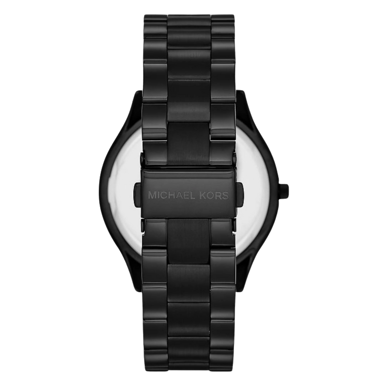 Michael Kors Damenuhr Runway Slim MK3221 – Rückseite der schwarzen Edelstahl Uhr mit Faltschließe