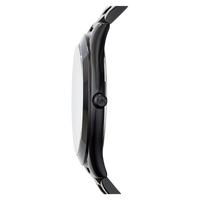 Michael Kors Damenuhr Runway Slim MK3221 – Seitliche Ansicht der schwarzen Edelstahl Uhr mit flachem Gehäuse