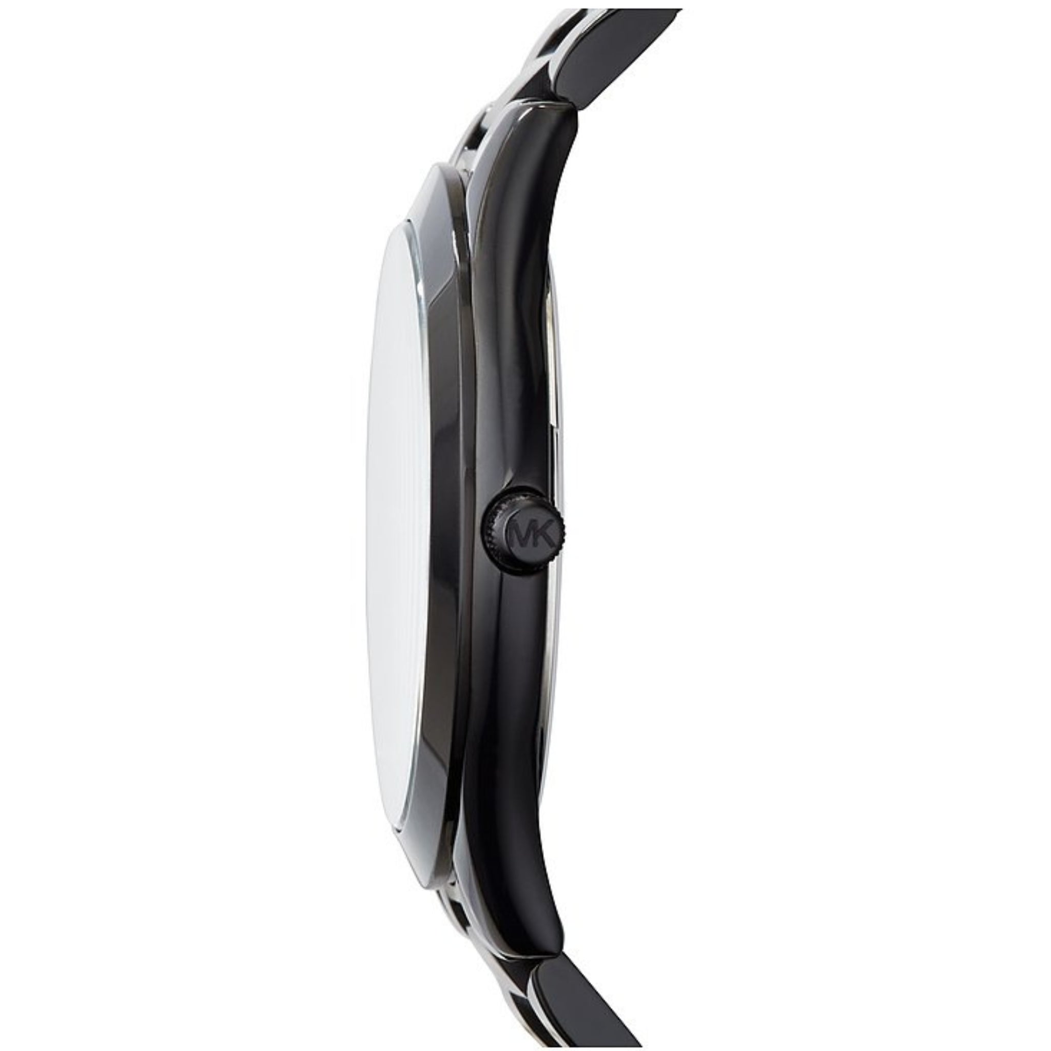 Michael Kors Damenuhr Runway Slim MK3221 – Seitliche Ansicht der schwarzen Edelstahl Uhr mit flachem Gehäuse
