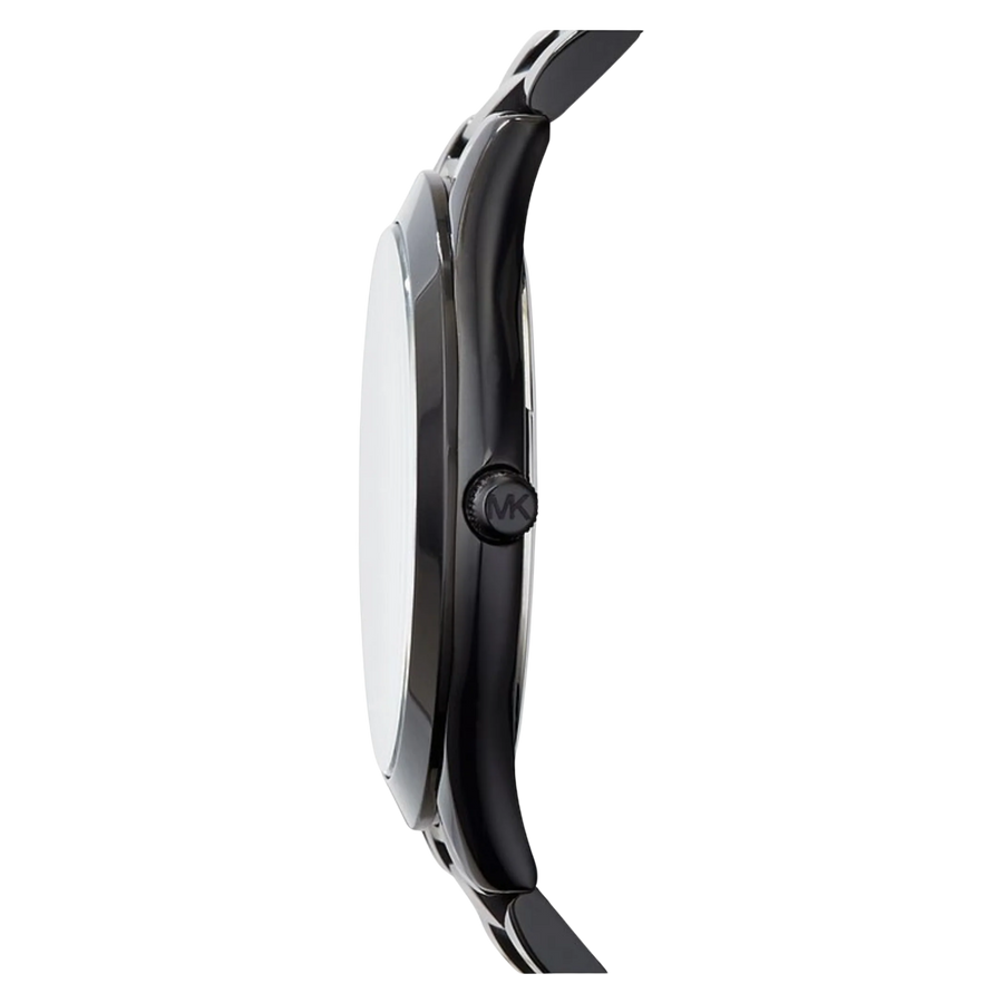 Michael Kors Damenuhr Runway Slim MK3221 – Seitliche Ansicht der schwarzen Edelstahl Uhr mit flachem Gehäuse
