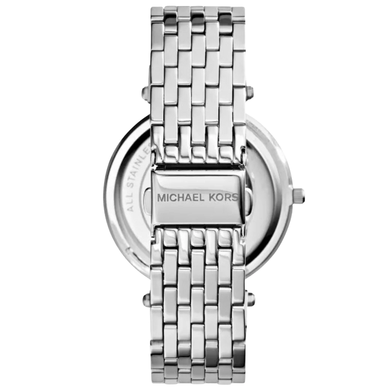 Michael Kors Darci MK3190 Damen Armbanduhr aus Edelstahl in Silber, Rückseite des Gehäuses mit Gliederarmband.