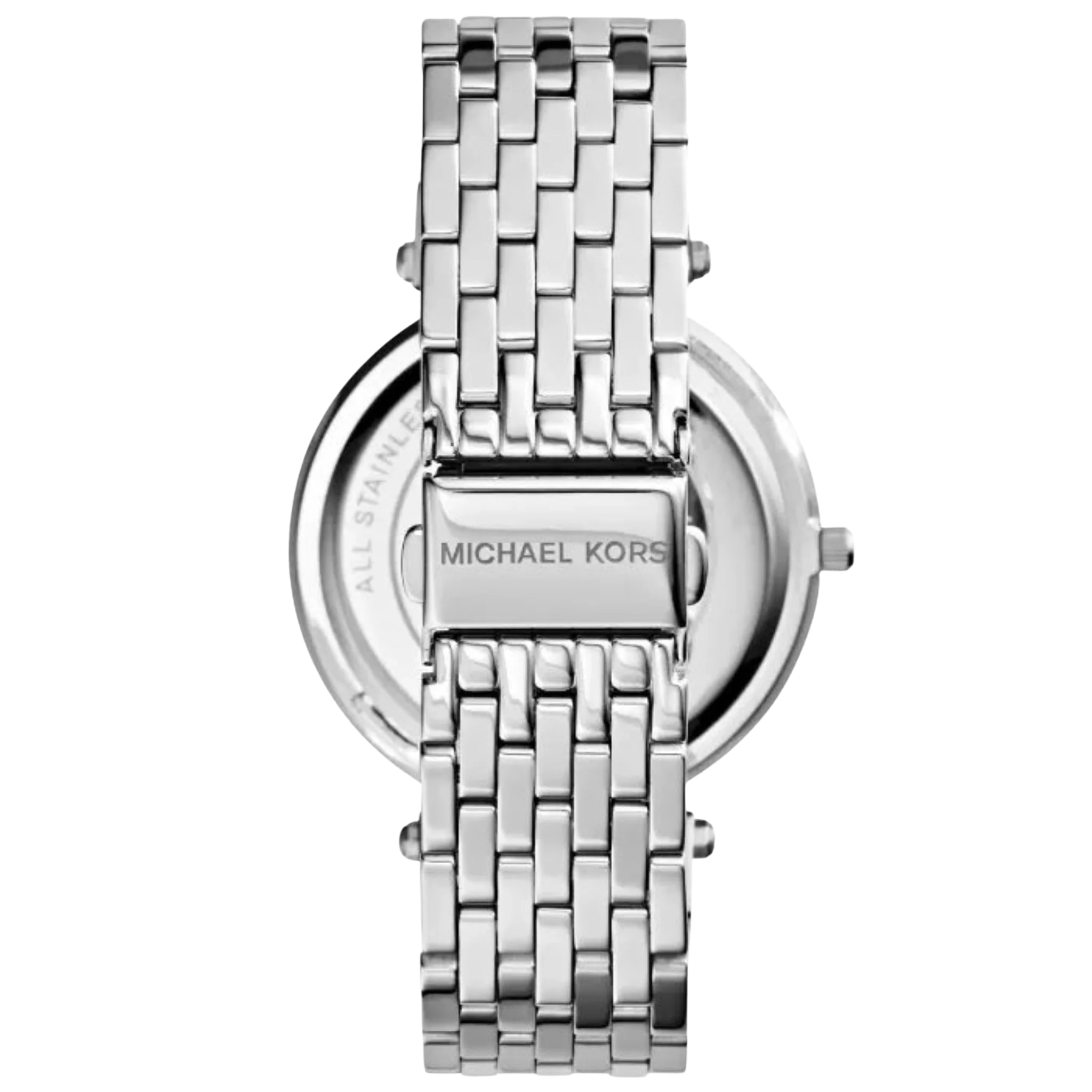 Michael Kors Darci MK3190 Damen Armbanduhr aus Edelstahl in Silber, Rückseite des Gehäuses mit Gliederarmband.