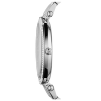 Michael Kors Darci MK3190 Damen Uhr in Silber, seitliche Ansicht des schlanken Gehäuses.