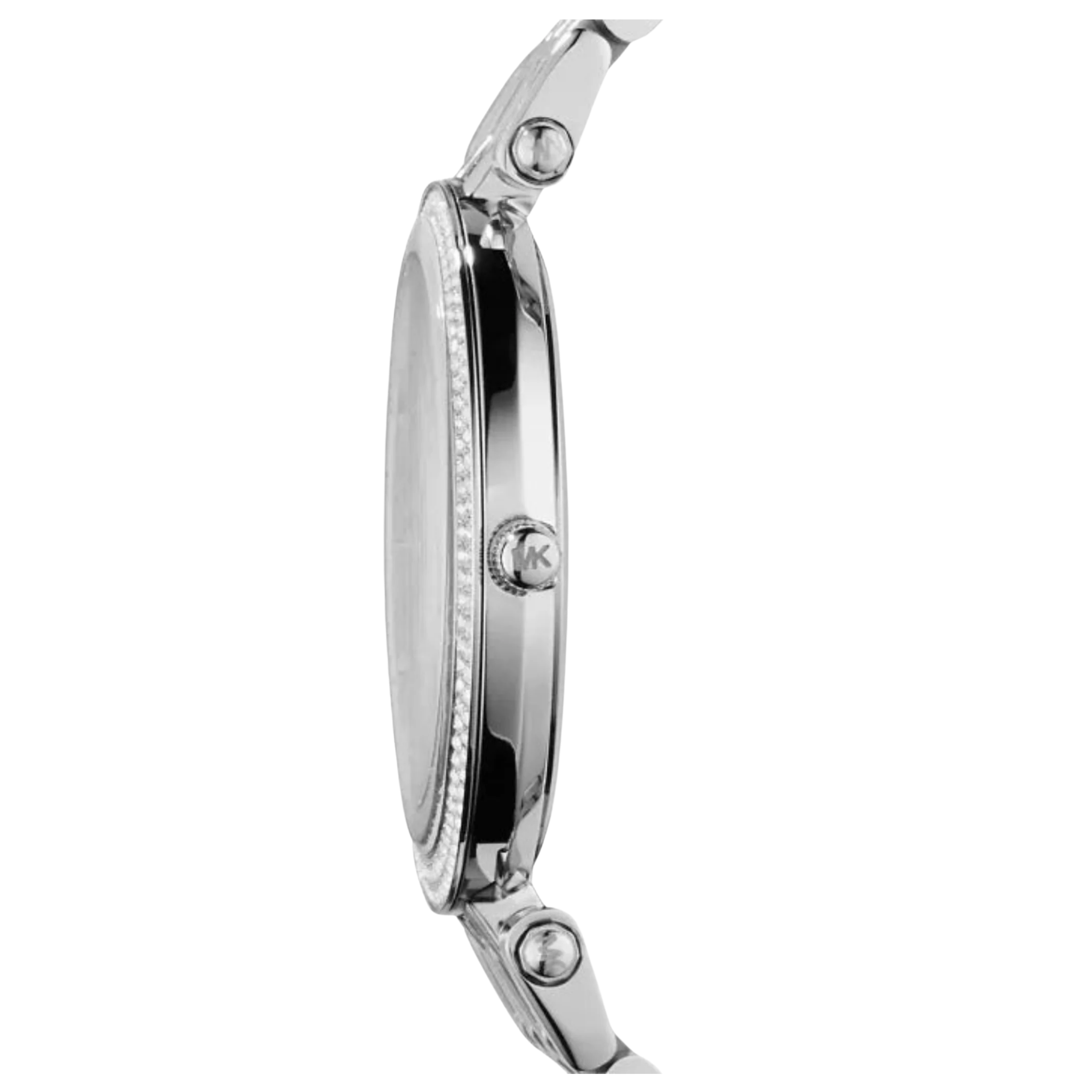 Michael Kors Darci MK3190 Damen Uhr in Silber, seitliche Ansicht des schlanken Gehäuses.