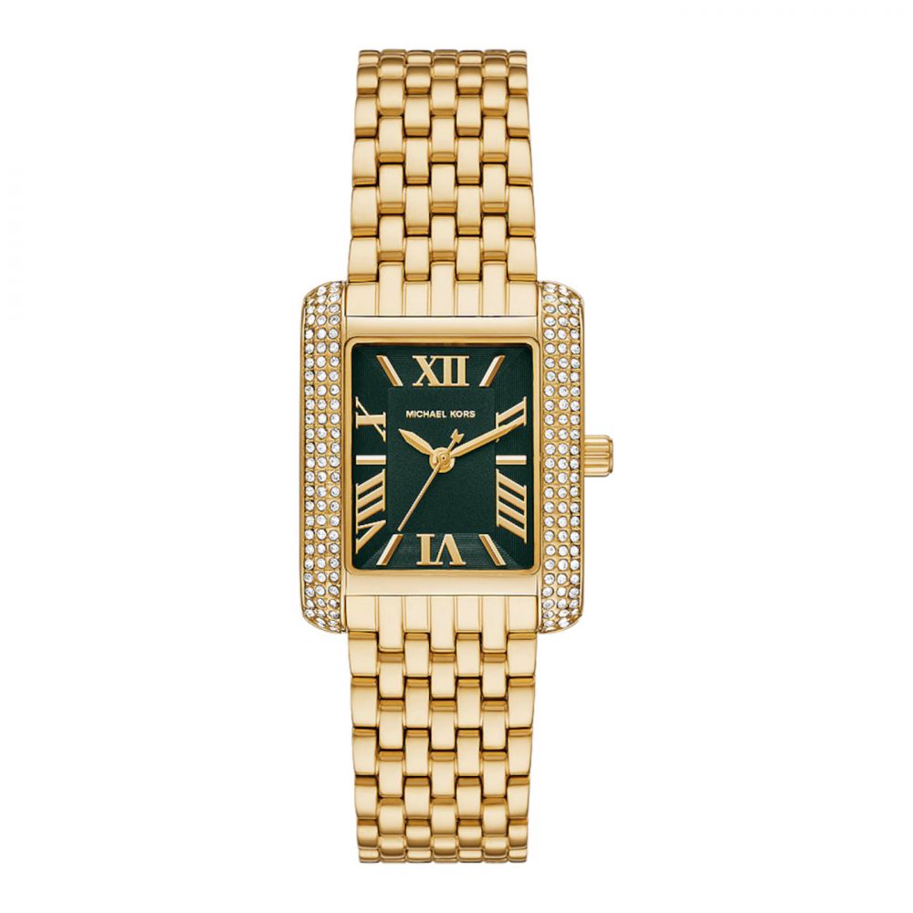 Michael Kors Emery Damenuhr MK4742 in Gold mit grünem rechteckigen Zifferblatt – Frontansicht