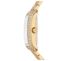 Seitenansicht der goldenen Michael Kors Emery Damenuhr MK4742 mit Steinbesatz am Gehäuse