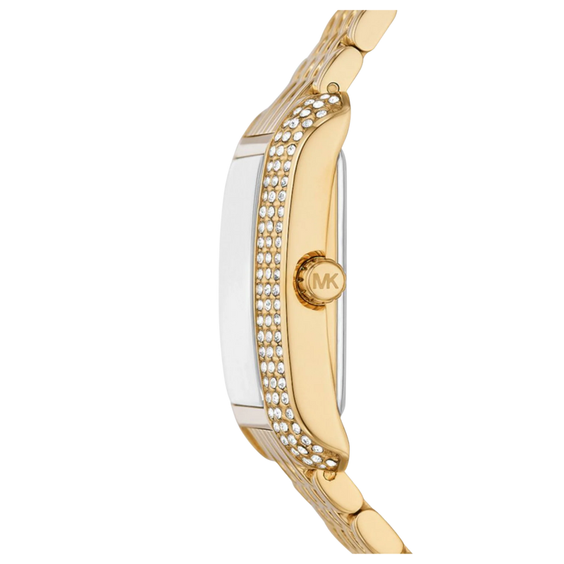 Seitenansicht der goldenen Michael Kors Emery Damenuhr MK4742 mit Steinbesatz am Gehäuse