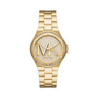 Michael Kors Lennox Damen Uhr Gold MK7229 – goldene Damenuhr mit großem MK-Logo und Strassbesatz, Frontansicht - Bild 1