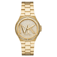 Michael Kors Lennox Damen Uhr Gold MK7229 – goldene Damenuhr mit großem MK-Logo und Strassbesatz, Frontansicht