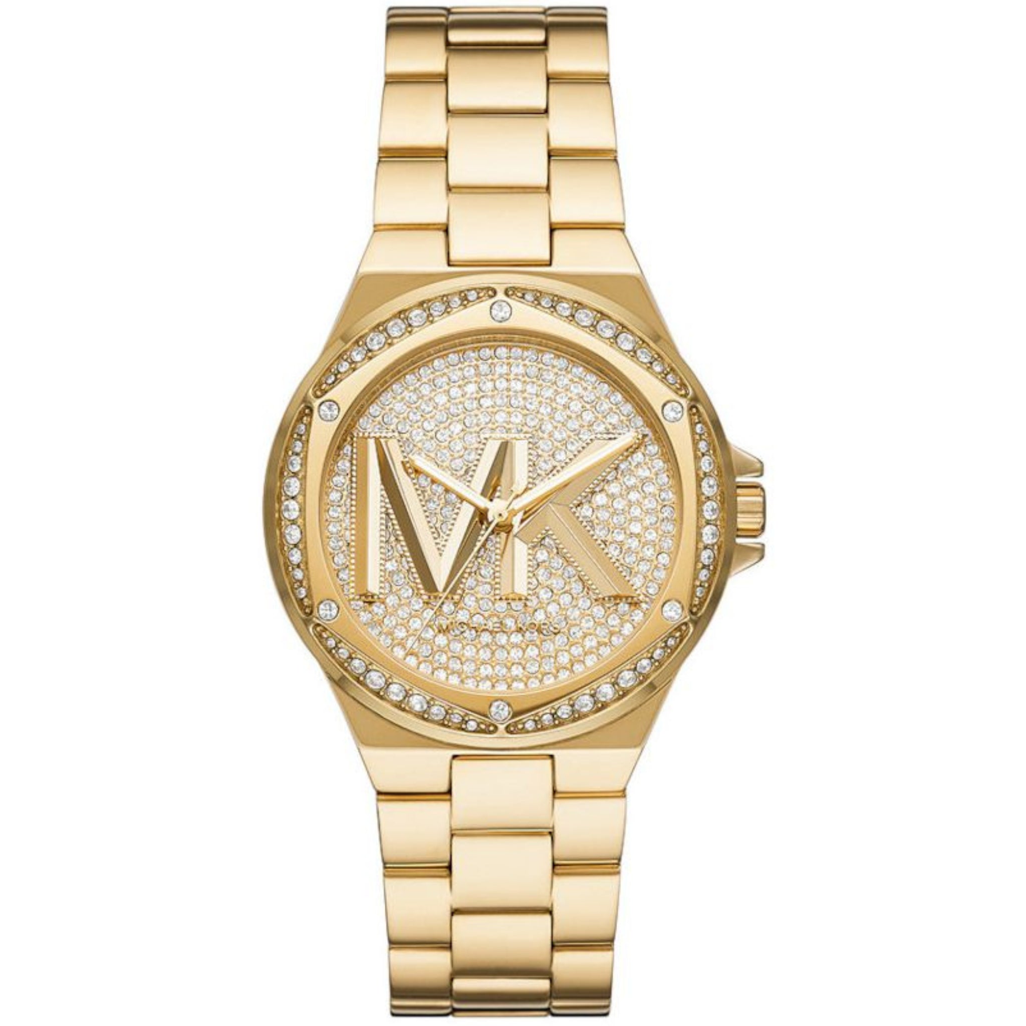 Michael Kors Lennox Damen Uhr Gold MK7229 – goldene Damenuhr mit großem MK-Logo und Strassbesatz, Frontansicht