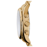 Michael Kors Lexington Damen Uhr Gold MK7378 – Seitenansicht des goldenen Edelstahlgehäuses mit MK-Krone