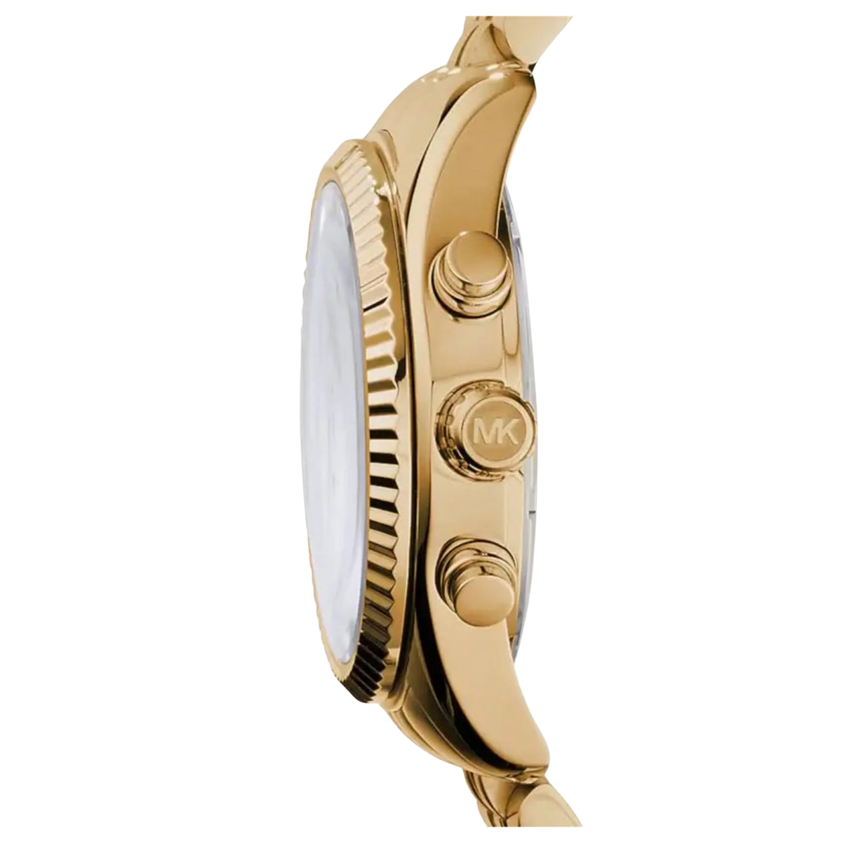Michael Kors Lexington Damen Uhr Gold MK7378 – Seitenansicht des goldenen Edelstahlgehäuses mit MK-Krone